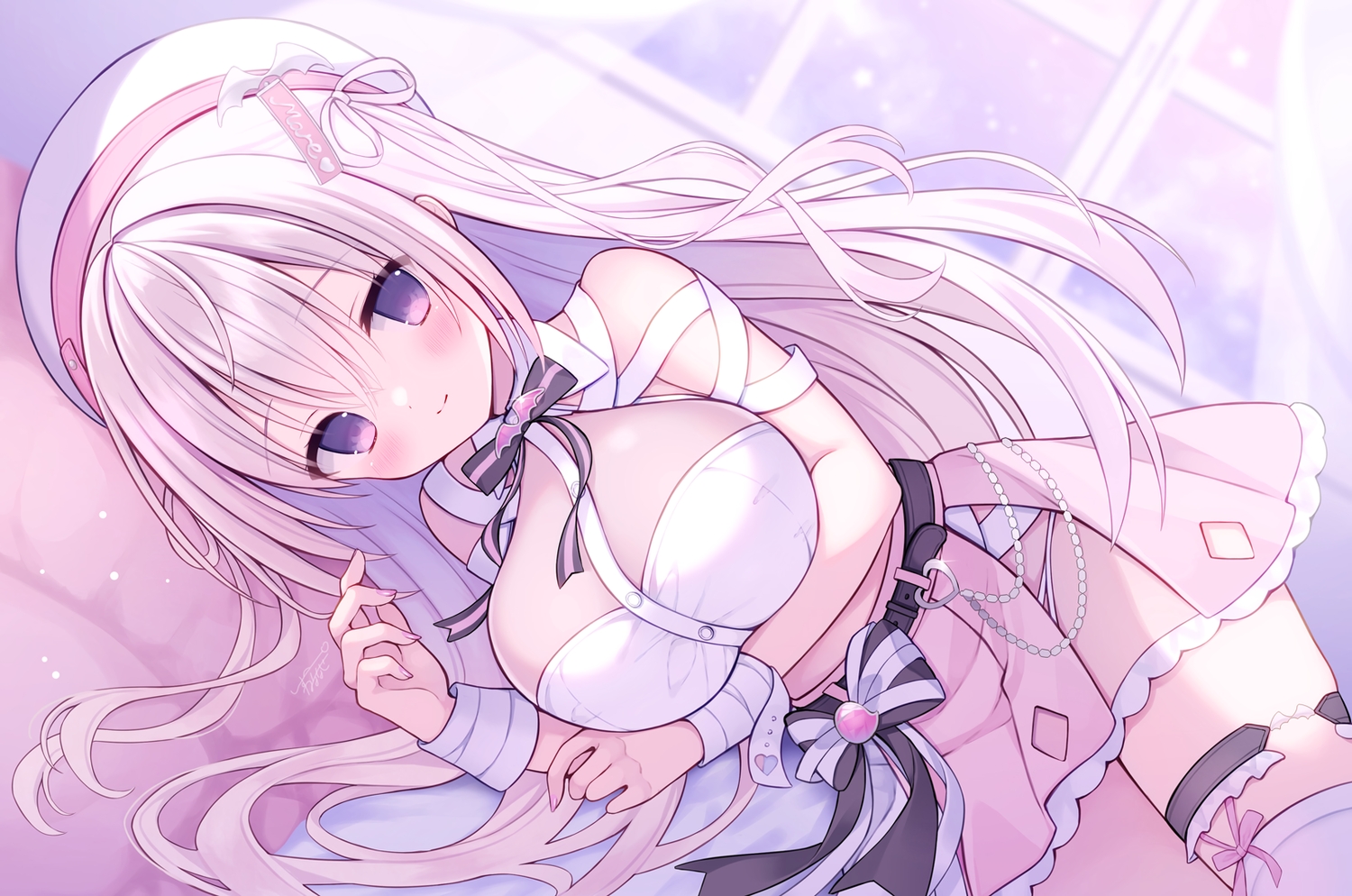 bandage, blush, bow, breast_hold, breasts, garter, hat, indie_virtual_youtuber
