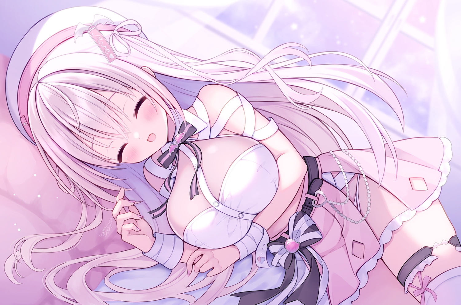 bandage, blush, bow, breast_hold, breasts, garter, hat, indie_virtual_youtuber