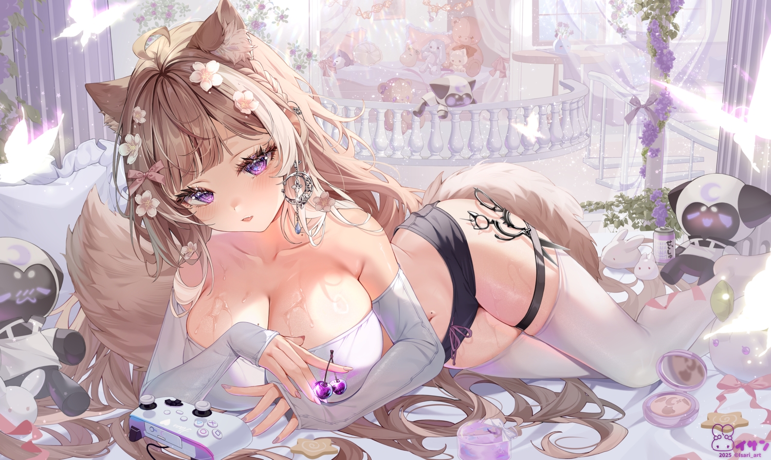 animal_ears, bed, blush, bow, braids, breasts, brown_hair, bunny