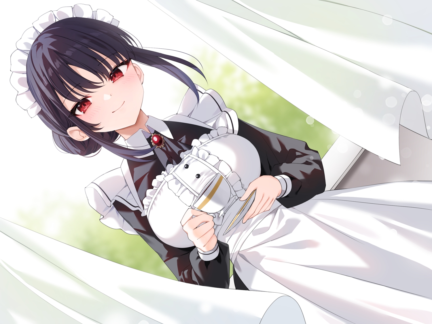 apron, black_hair, blush, drink, headdress, maid, original, red_eyes, yon_(letter)