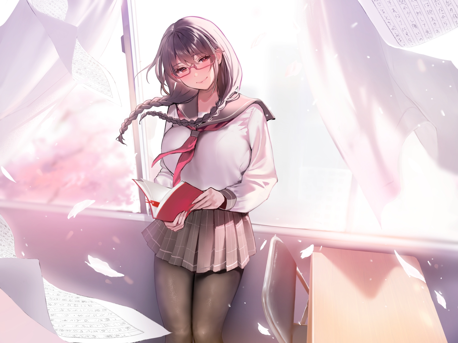 blush, braids, brown_hair, glasses, inushima, long_hair, original, pantyhose, paper, petals, red_eyes, school_uniform, skirt, twintails
