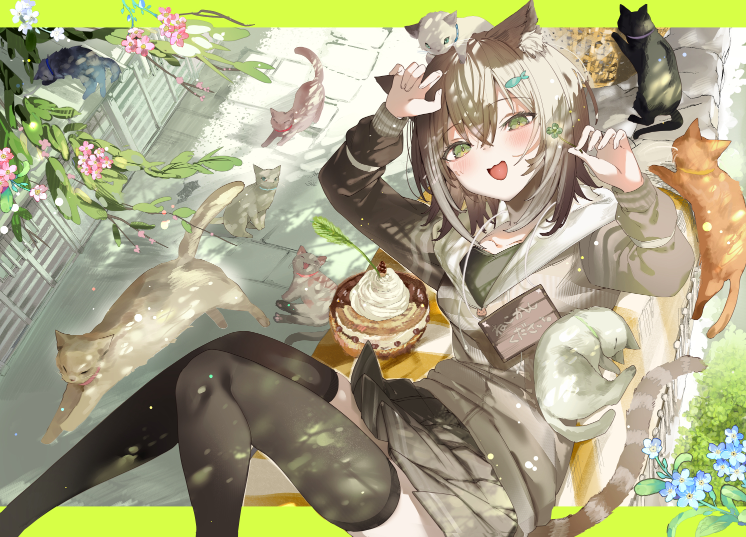 1-gou_(111touban), aliasing, animal, animal_ears, blush, brown_hair, cake, cat
