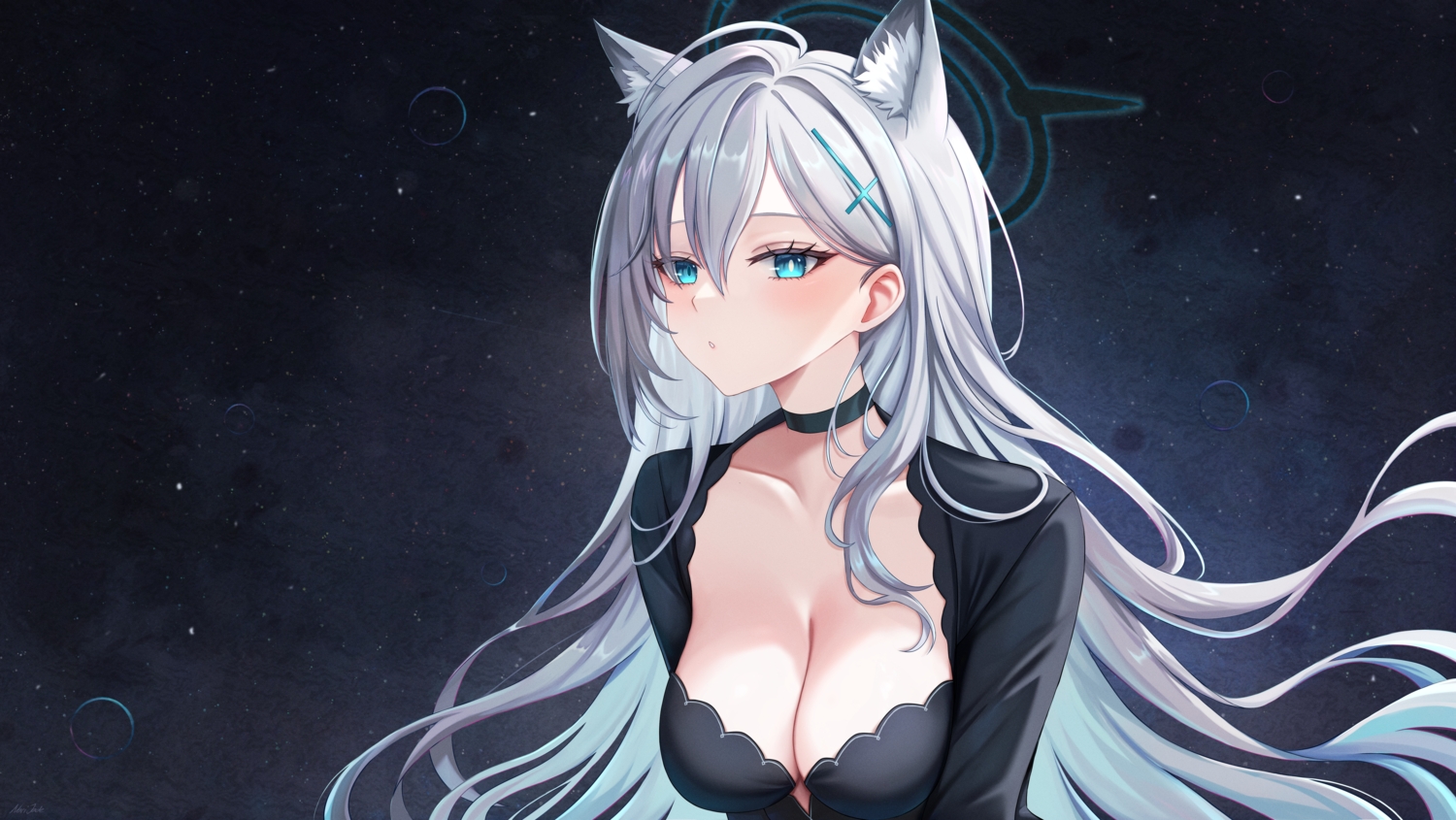 animal_ears, aqua_eyes, blue_archive, breast_hold, breasts, choker, cleavage, gray_hair, halo, long_hair, narijade, shiroko_(terror)_(blue_archive), signed, sunaookami_shiroko, wolfgirl