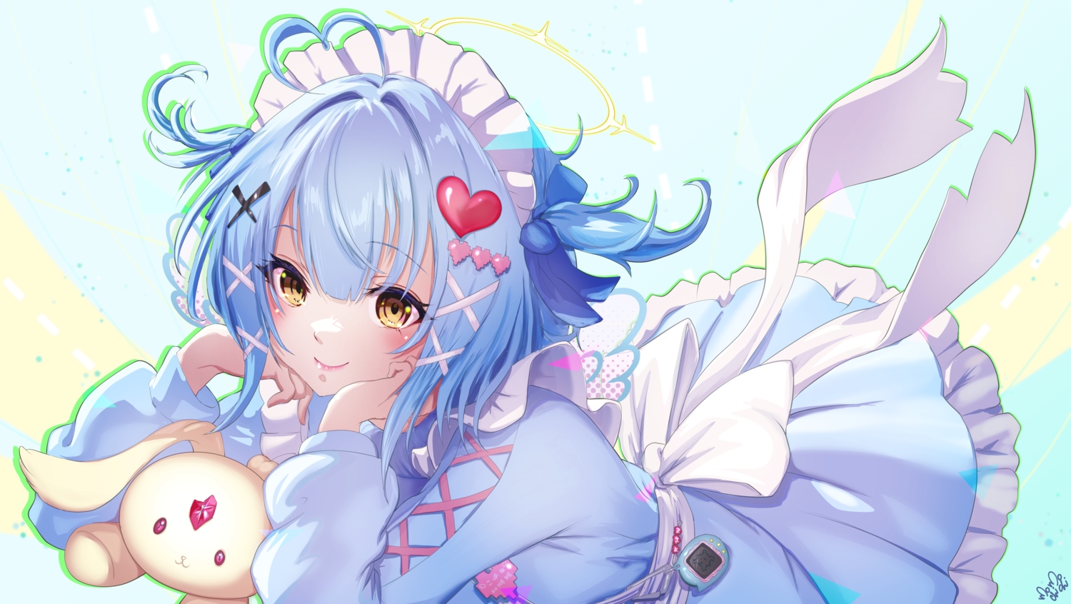 amasora_kohane, apron, blue_hair, bow, bunny, dress, halo, headdress, momoyama_tits, short_hair, signed, twintails, yellow_eyes