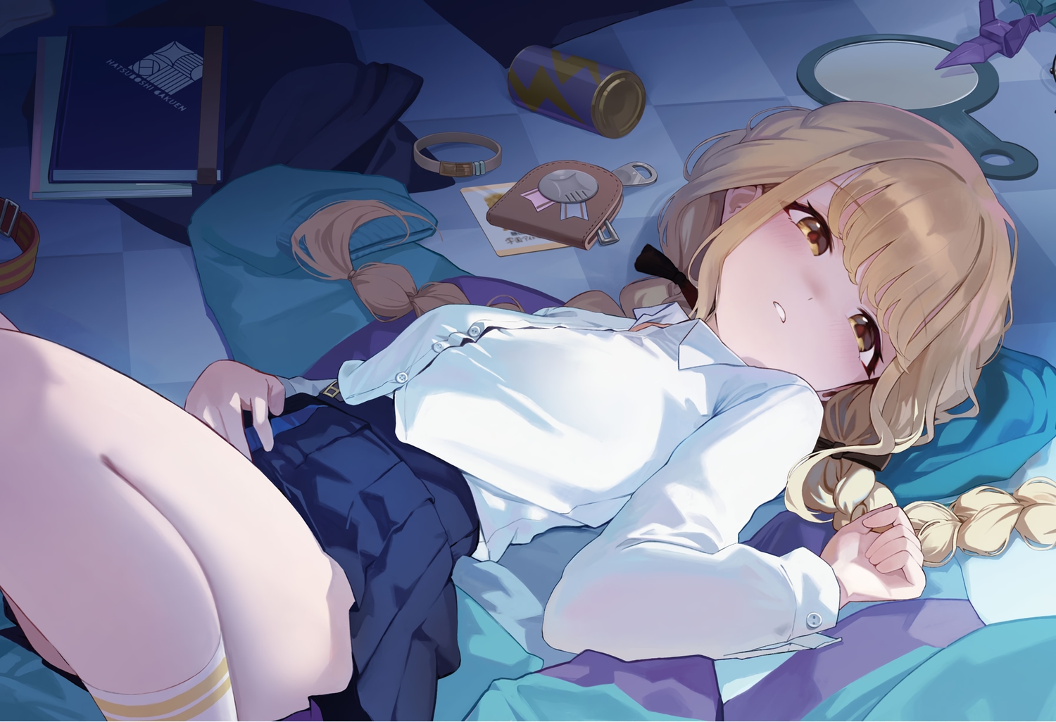 blonde_hair, blush, book, braids, daika!!, fujita_kotone, gakuen_idolmaster, idolmaster, kneehighs, long_hair, mirror, shirt, skirt, twintails, yellow_eyes