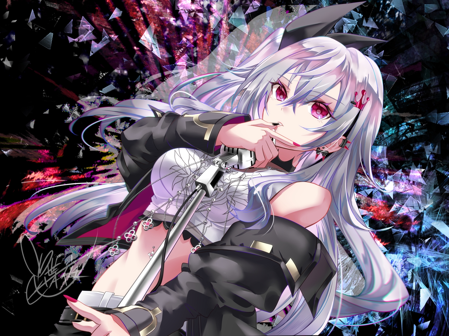 chain, gray_hair, hololive, isaki_riona, long_hair, microphone, red_eyes, signed