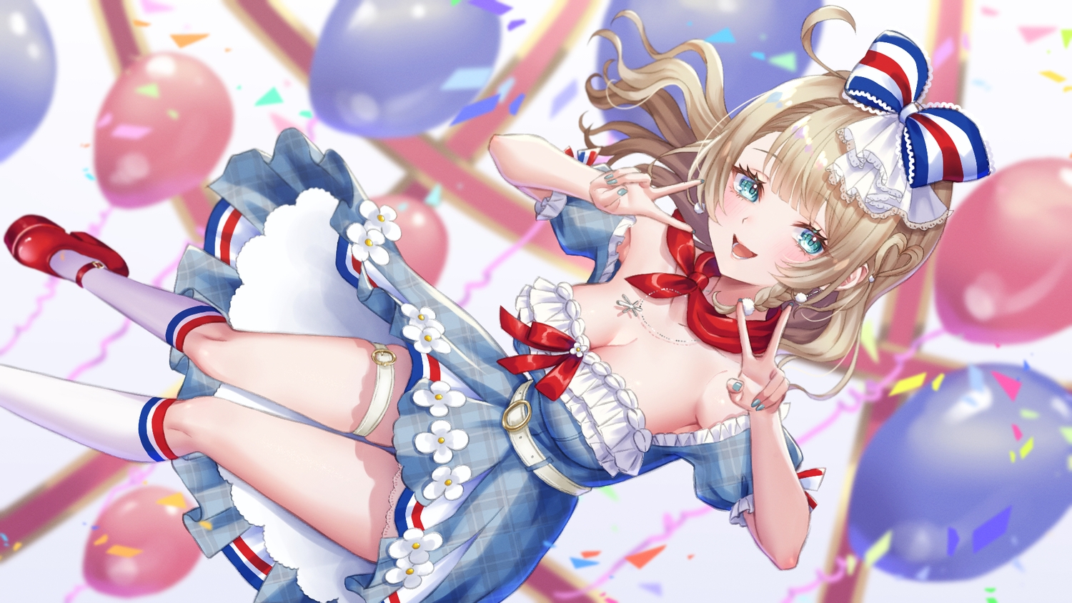 aqua_eyes, blonde_hair, blush, bow, breasts, cleavage, dress, garter