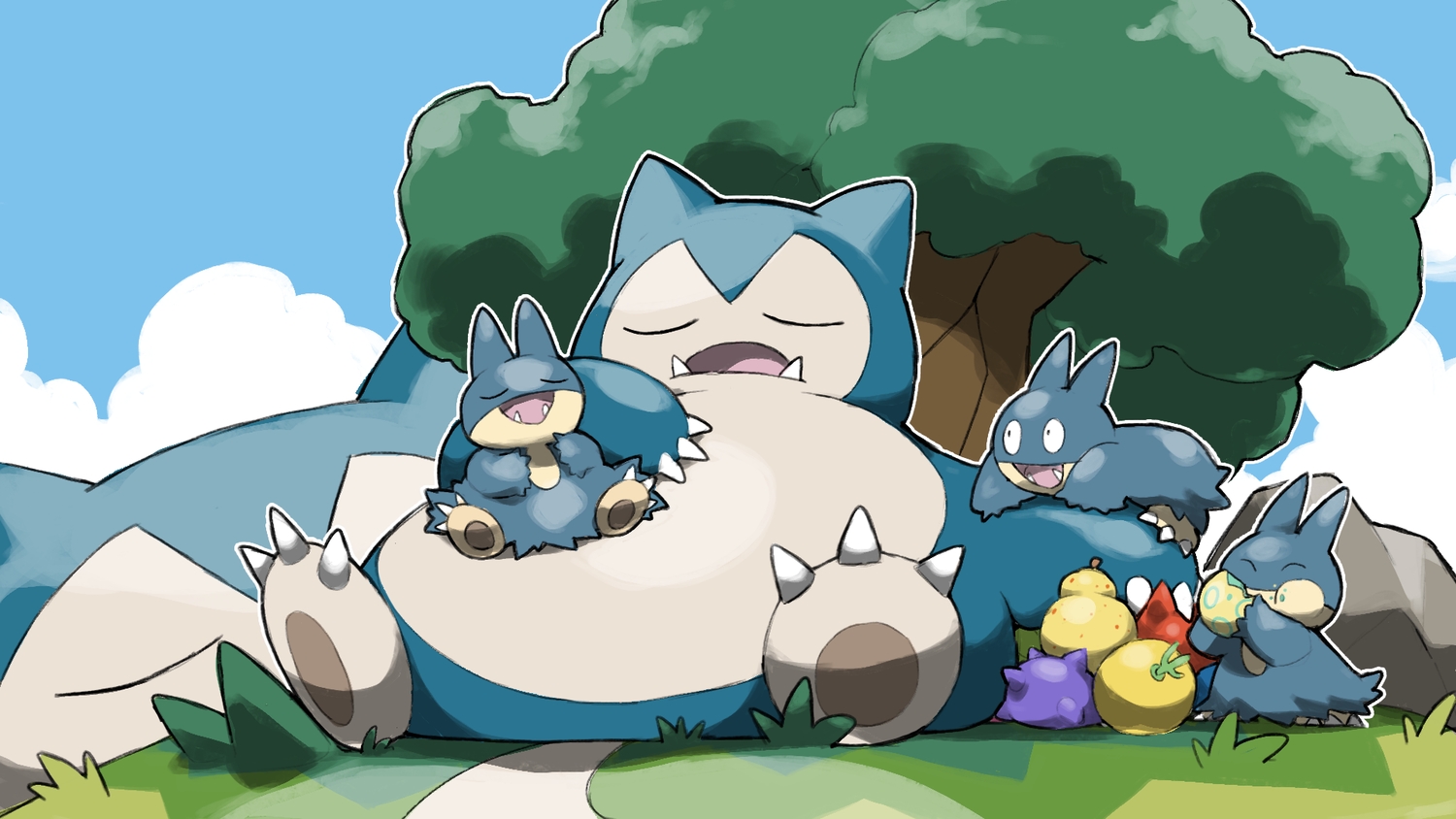 blacknirrow, clouds, food, fruit, grass, group, munchlax, no_humans