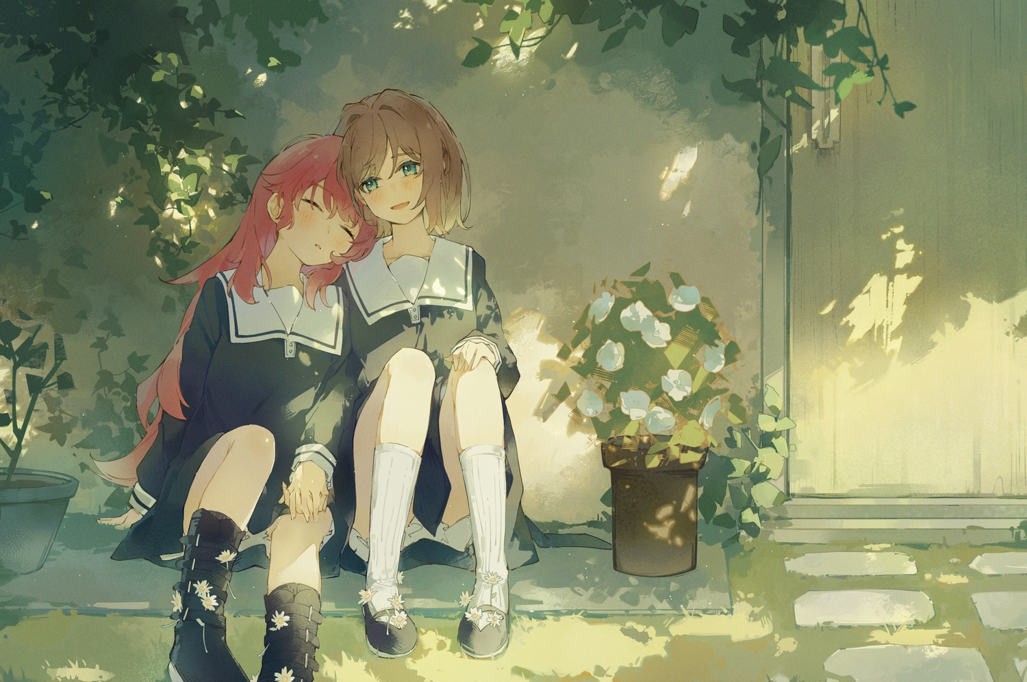 2girls, aqua_eyes, bai-hyacinth, blush, boots, brown_hair, dress, flowers, grass, kagari_mimi, kimi_ga_shinu_made_koi_wo_shitai, kneehighs, leaves, long_hair, pink_hair, school_uniform, shade, short_hair, shoujo_ai, sleeping, totsuki_shiina