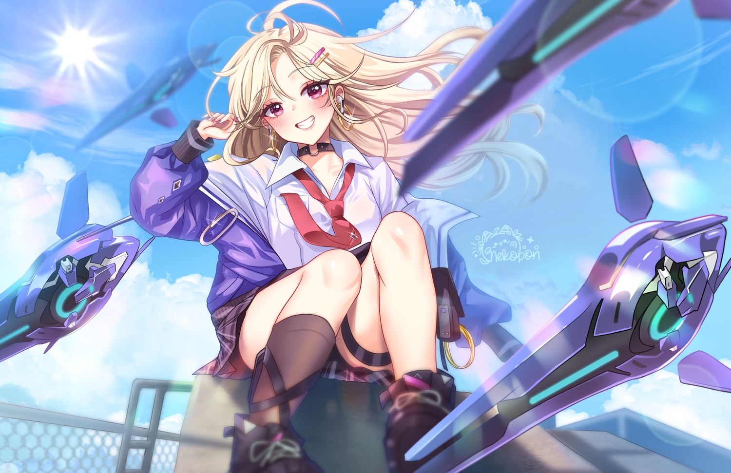 blonde_hair, blush, choker, clouds, ein_(nikke), garter, goddess_of_victory:_nikke, headphones, kneehighs, long_hair, mechagirl, nekoponart, red_eyes, rooftop, school_uniform, shirt, signed, skirt, sky, tie