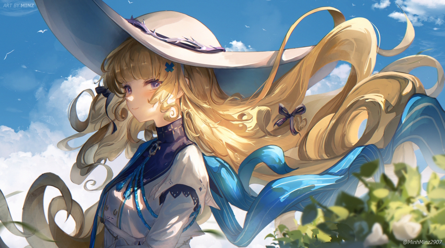 blonde_hair, bow, close, clouds, flowers, hat, leaves, long_hair, minz_(minh_nguyen), phoebe_(wuthering_waves), purple_eyes, sky, watermark, wuthering_waves