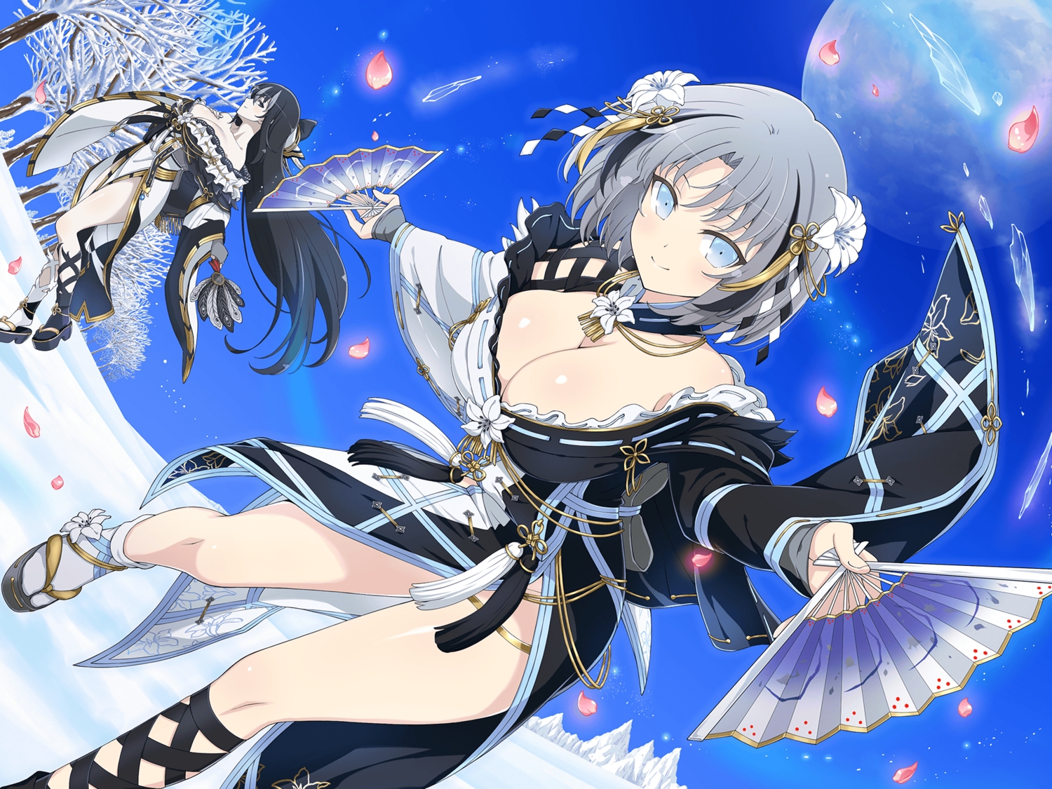 2girls, black_eyes, black_hair, blue_eyes, breast_hold, breasts, cleavage, fan