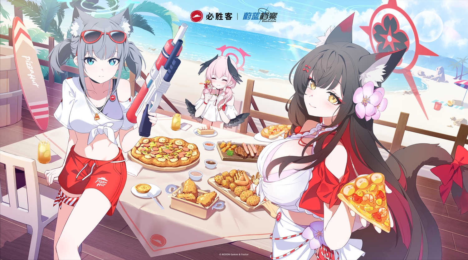 animal_ears, aqua_eyes, beach, bikini, black_hair, blue_archive, blush, bow, breasts, cake, choker, cleavage, clouds, crossover, drink, flat_chest, food, foxgirl, garter, gray_hair, gun, halo, kosaka_wakamo, long_hair, navel, necklace, pink_hair, pizza, pizza_hut, shimoe_koharu, short_hair, shorts, sky, sunaookami_shiroko, sunglasses, swimsuit, tagme_(artist), tail, twintails, water, watermark, weapon, wings, wristwear, yellow_eyes