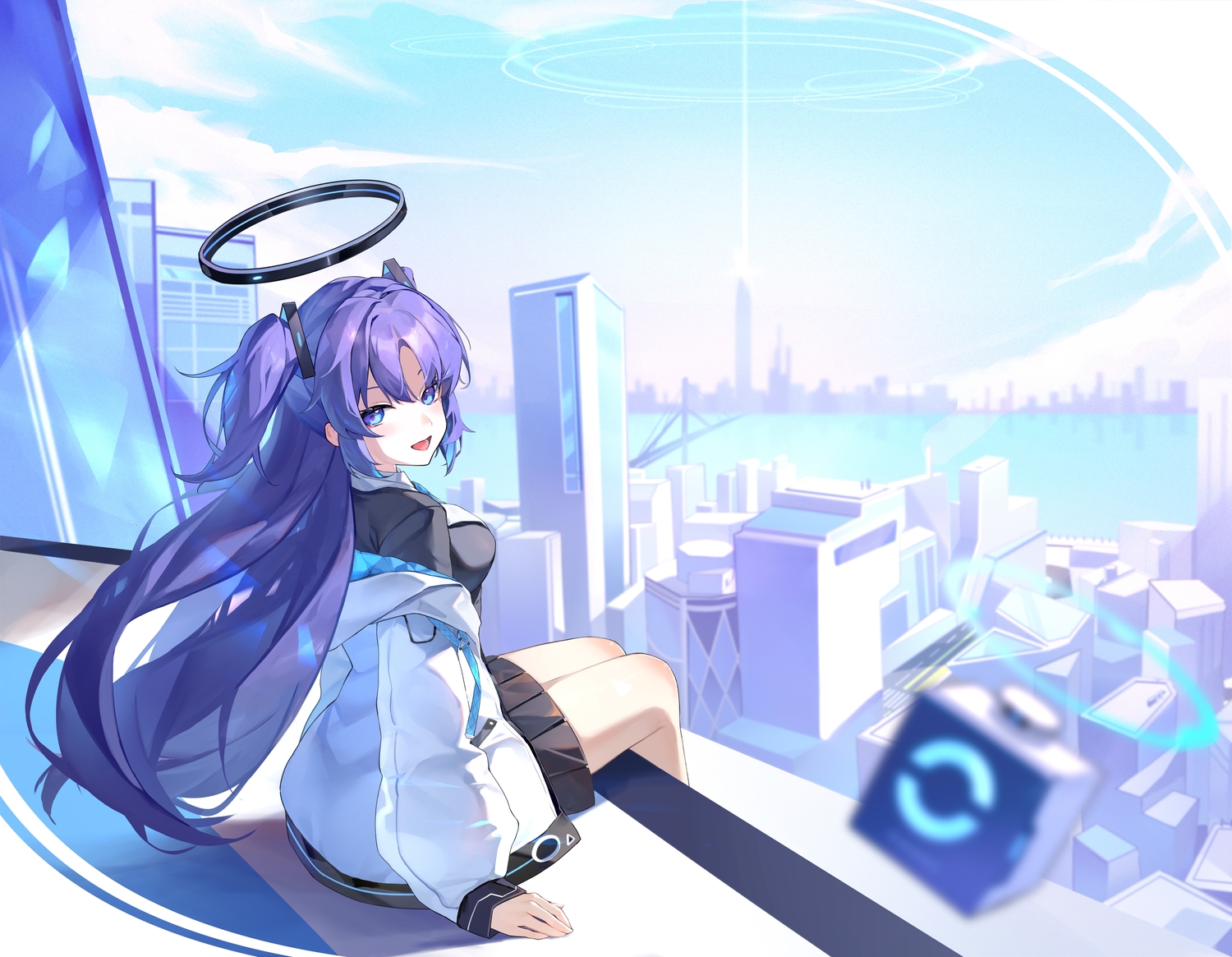 blue_archive, blue_eyes, blush, building, city, clouds, halo, hayase_yuuka