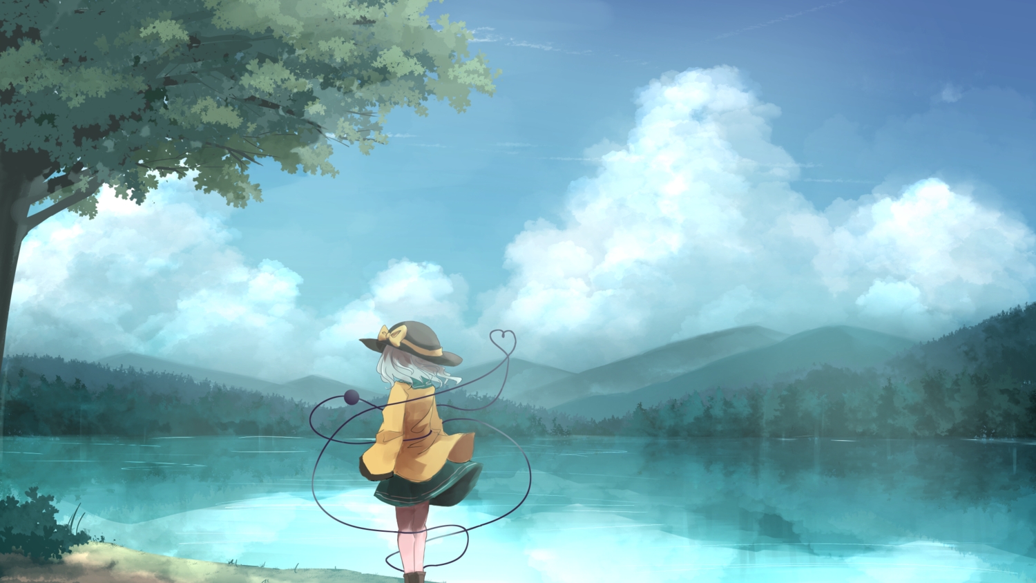 bow, clouds, gray_hair, hat, komeiji_koishi, nanahana_nanana, scenic, short_hair, skirt, sky, touhou, tree, water