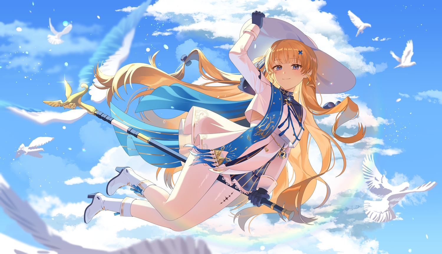 aete, animal, bird, blonde_hair, clouds, dress, gloves, hat, long_hair, pantyhose, phoebe_(wuthering_waves), purple_eyes, sky, staff, tattoo, wuthering_waves