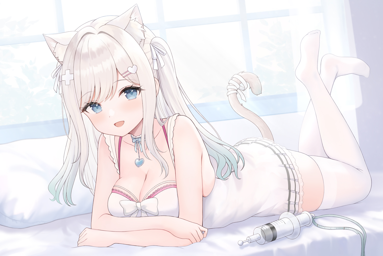 aliasing, animal_ears, bed, blue_eyes, bow, breast_hold, breasts, catgirl