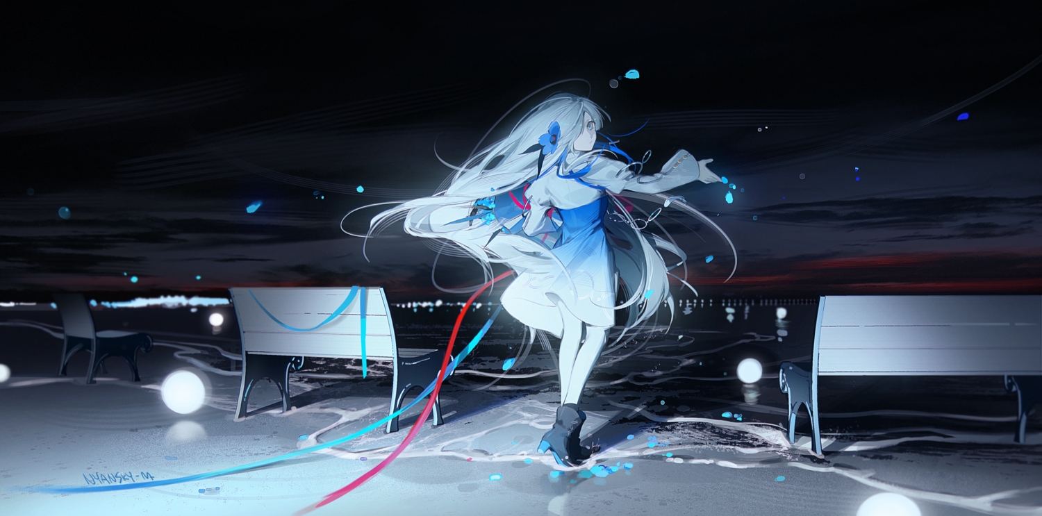 beach, boots, clouds, dress, gray_eyes, gray_hair, isekaijoucho, kamitsubaki_studio