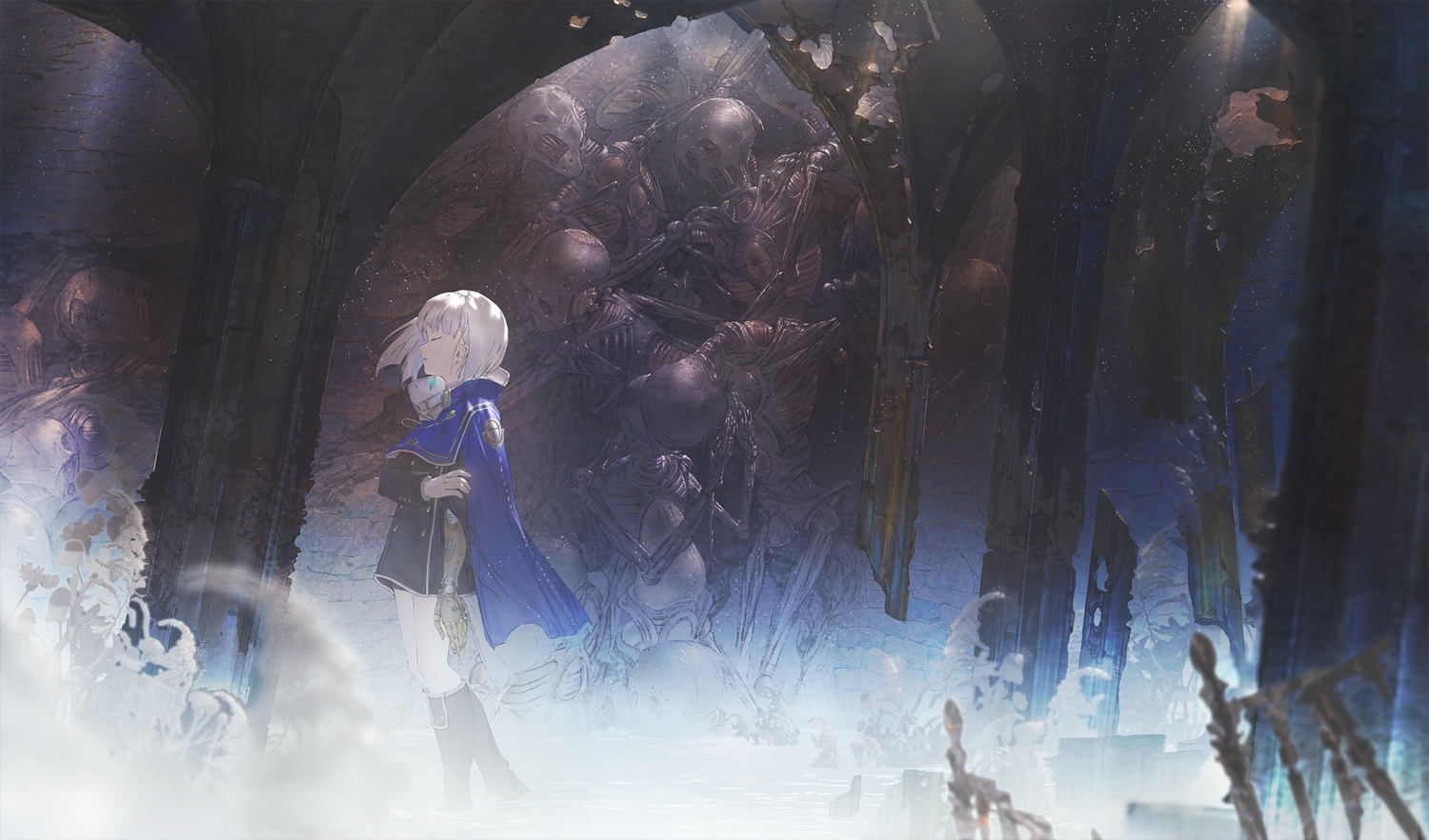 boots, cape, dress, ender_magnolia_bloom_in_the_mist, gray_hair, lilac_(ender_magnolia), mask, miv4t, robot, short_hair, techgirl