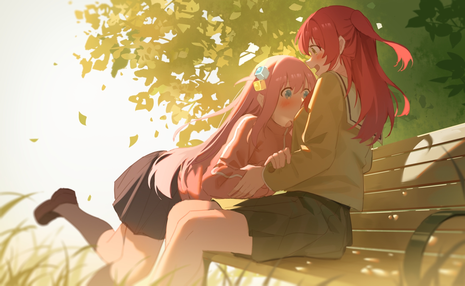 2girls, aqua_eyes, blush, bocchi_the_rock!, gotou_hitori, grass, kita_ikuyo, kneehighs