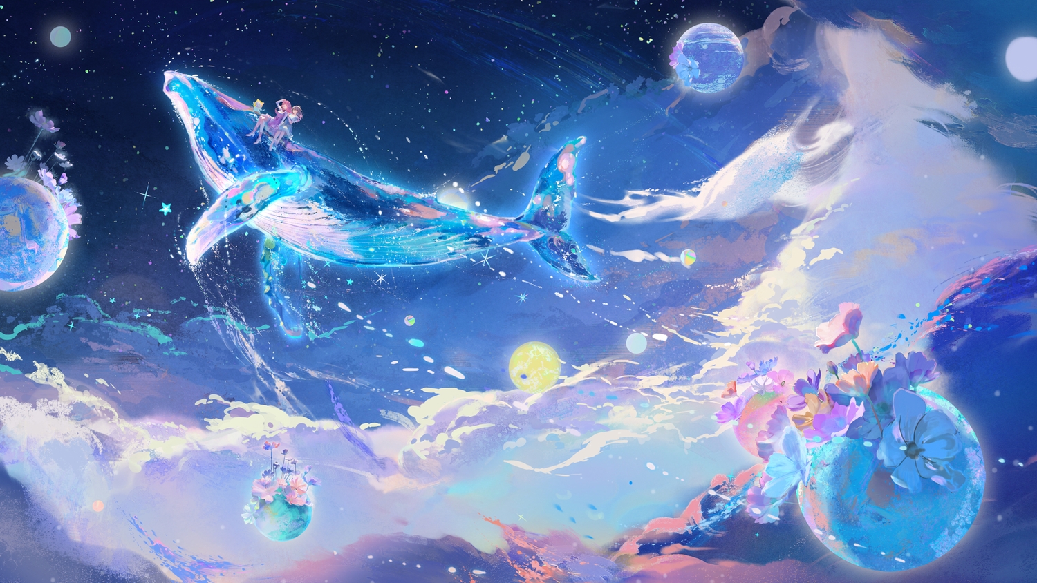 2girls, animal, bow, brown_hair, cat, clouds, dress, flowers, hood, long_hair, momo_(nikki), nikki_(nikki), nikki_(series), pink_hair, planet, shining_nikki, sky, stars, tagme_(artist), tagme_(character)