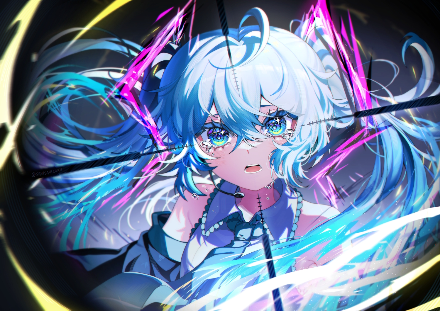 aqua_eyes, blue_hair, blush, close, crying, hatsune_miku, long_hair, microphone