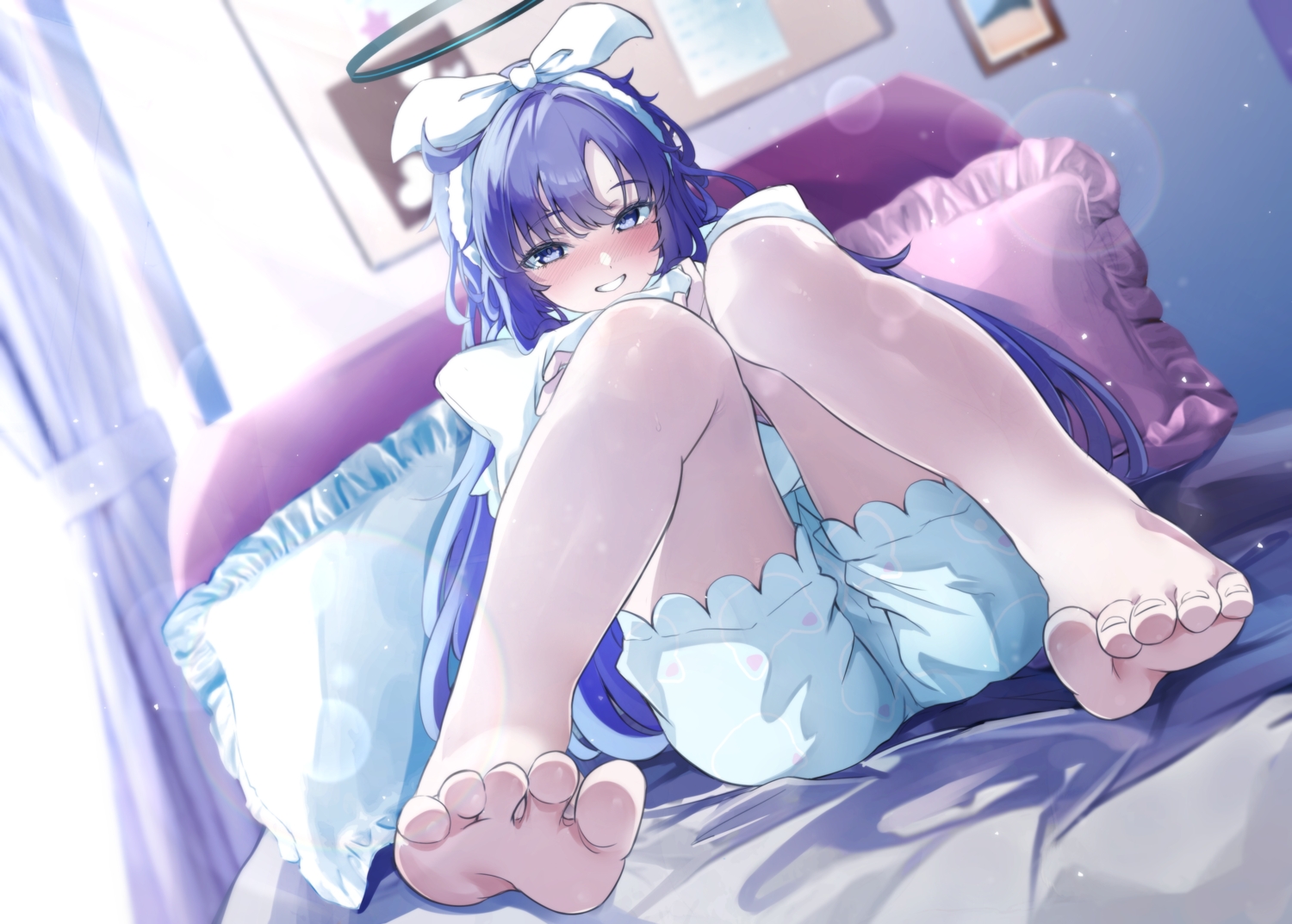 barefoot, bed, blue_archive, blue_eyes, blue_hair, blush, hayase_yuuka, headband, long_hair, nanao_(m44132yf), pajamas, shorts