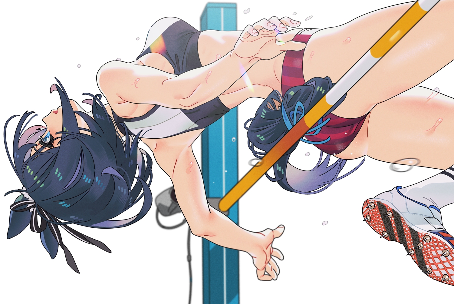animal_ears, anthropomorphism, black_hair, bloomers, blue_eyes, bow, eishin_flash_(umamusume), kneehighs, sarcophage, short_hair, sport, sports_bra, tail, uma_musume:_pretty_derby, wet, white