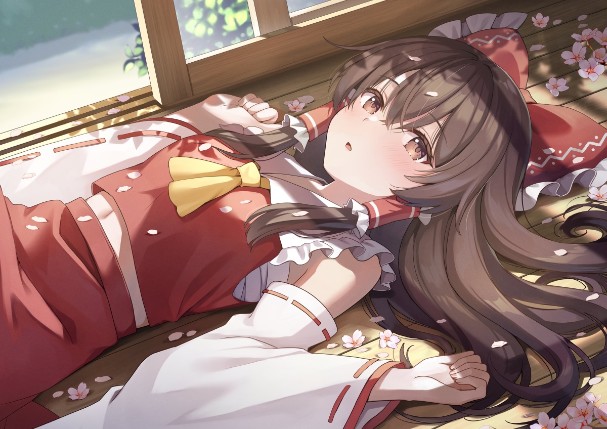 blush, bow, brown_eyes, brown_hair, cherry_blossoms, flowers, hakurei_reimu, japanese_clothes