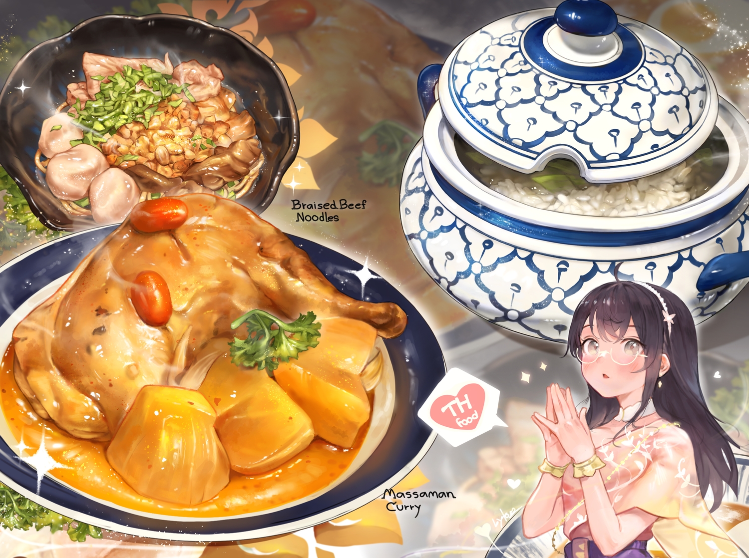 black_hair, choker, food, glasses, gray_eyes, headband, long_hair, original