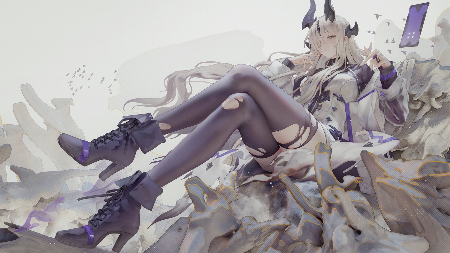 arknights, binggong_asylum, boots, dress, eblana_(arknights), gray_hair, green_eyes, horns, long_hair, thighhighs, torn_clothes