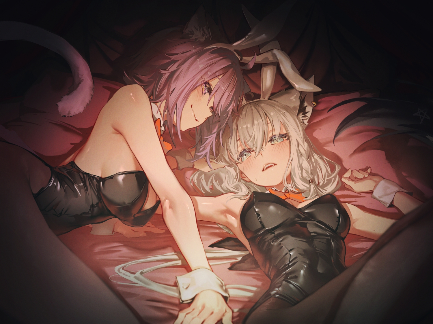 2girls, animal_ears, aqua_eyes, bed, bow, braids, breasts, bunny_ears, bunnygirl, catgirl, cleavage, foxgirl, gray_hair, headband, hololive, hyde_(tabakko), leotard, long_hair, nekomata_okayu, pantyhose, purple_eyes, purple_hair, shirakami_fubuki, short_hair, tail, wristwear
