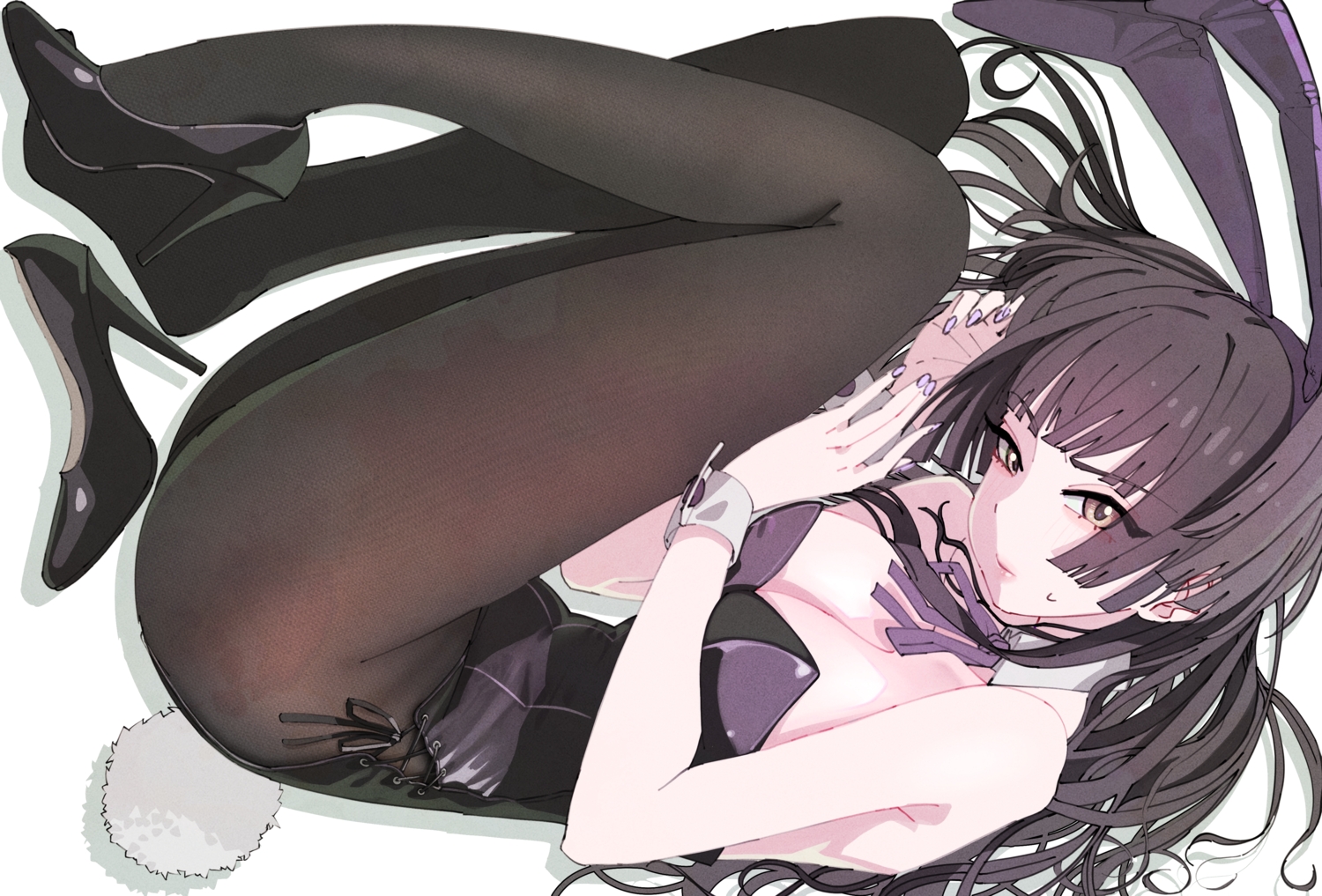 animal_ears, atari_(eurf8445), black_hair, blush, bow, breasts, bunny_ears, bunnygirl, cleavage, headband, idolmaster, idolmaster_shiny_colors, leotard, long_hair, mayuzumi_fuyuko, pantyhose, tail, wristwear, yellow_eyes