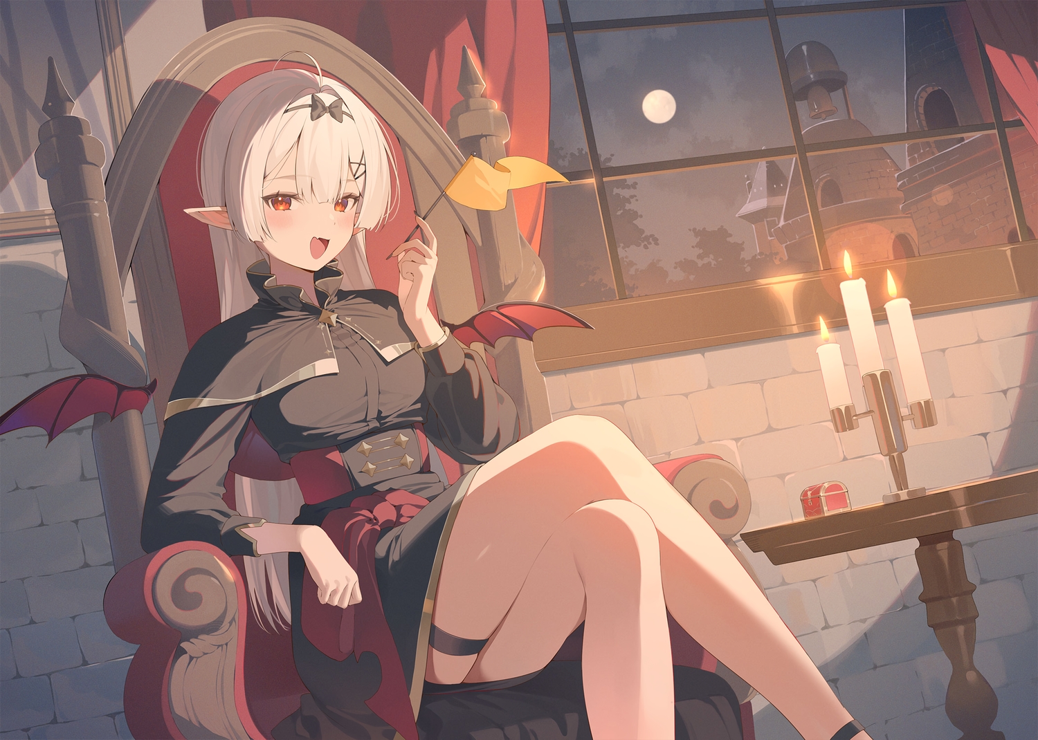 blush, bow, building, cape, fang, garter, hana_mori, headband