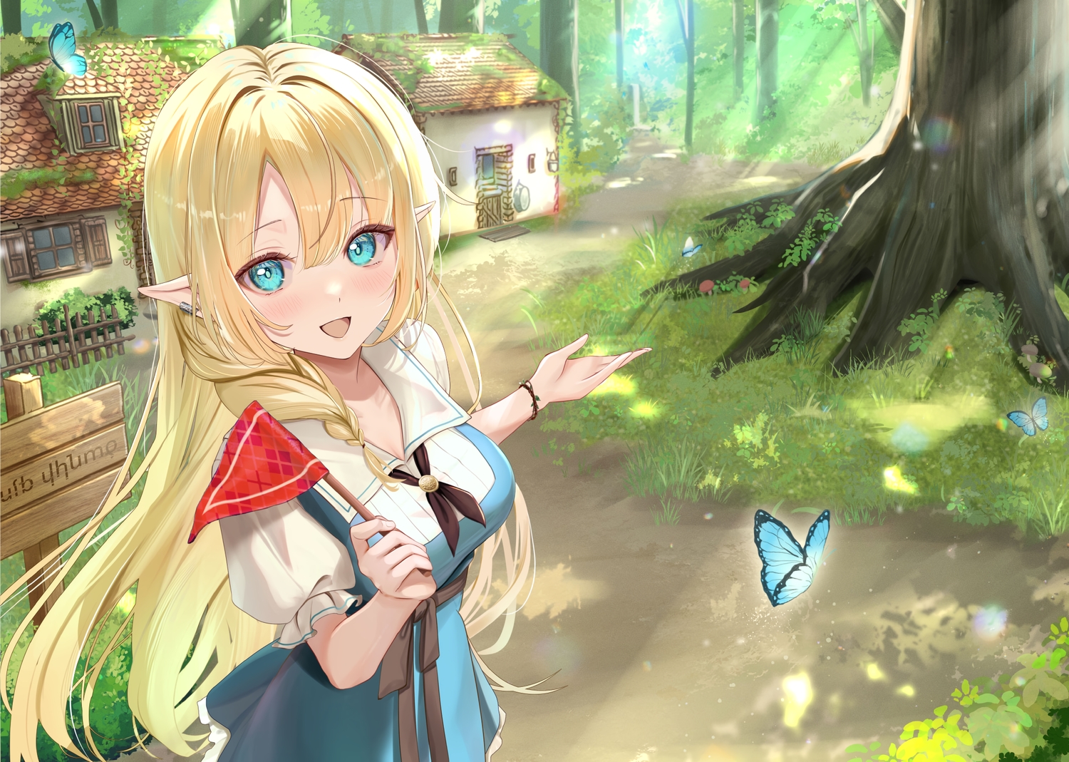 aqua_eyes, blonde_hair, blush, braids, building, butterfly, close, forest