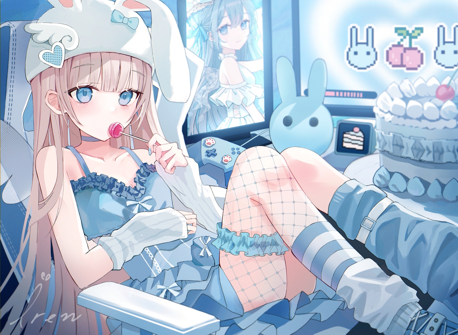 animal_ears, blue, blue_eyes, brown_hair, bunny_ears, cake, candy, cherry