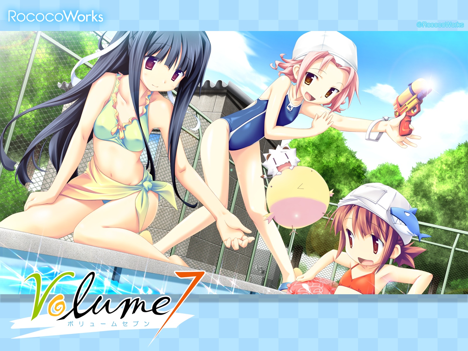 fue, kikushita_kotora, kino_kyouka, loli, pool, rococoworks, swimsuit, tsujiura_ryouko, volume7