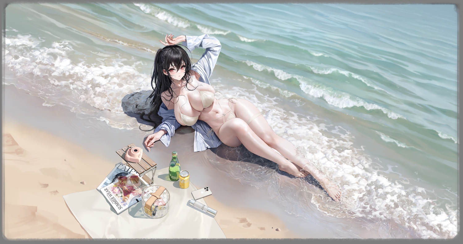 anthropomorphism, azur_lane, barefoot, beach, bikini, black_hair, blush, breasts, camera, coca_cola, drink, garter, long_hair, navel, open_shirt, phone, ponytail, red_eyes, shirt, sunglasses, swimsuit, taihou_(azur_lane), transparent, water, wet, wristwear, yunsang
