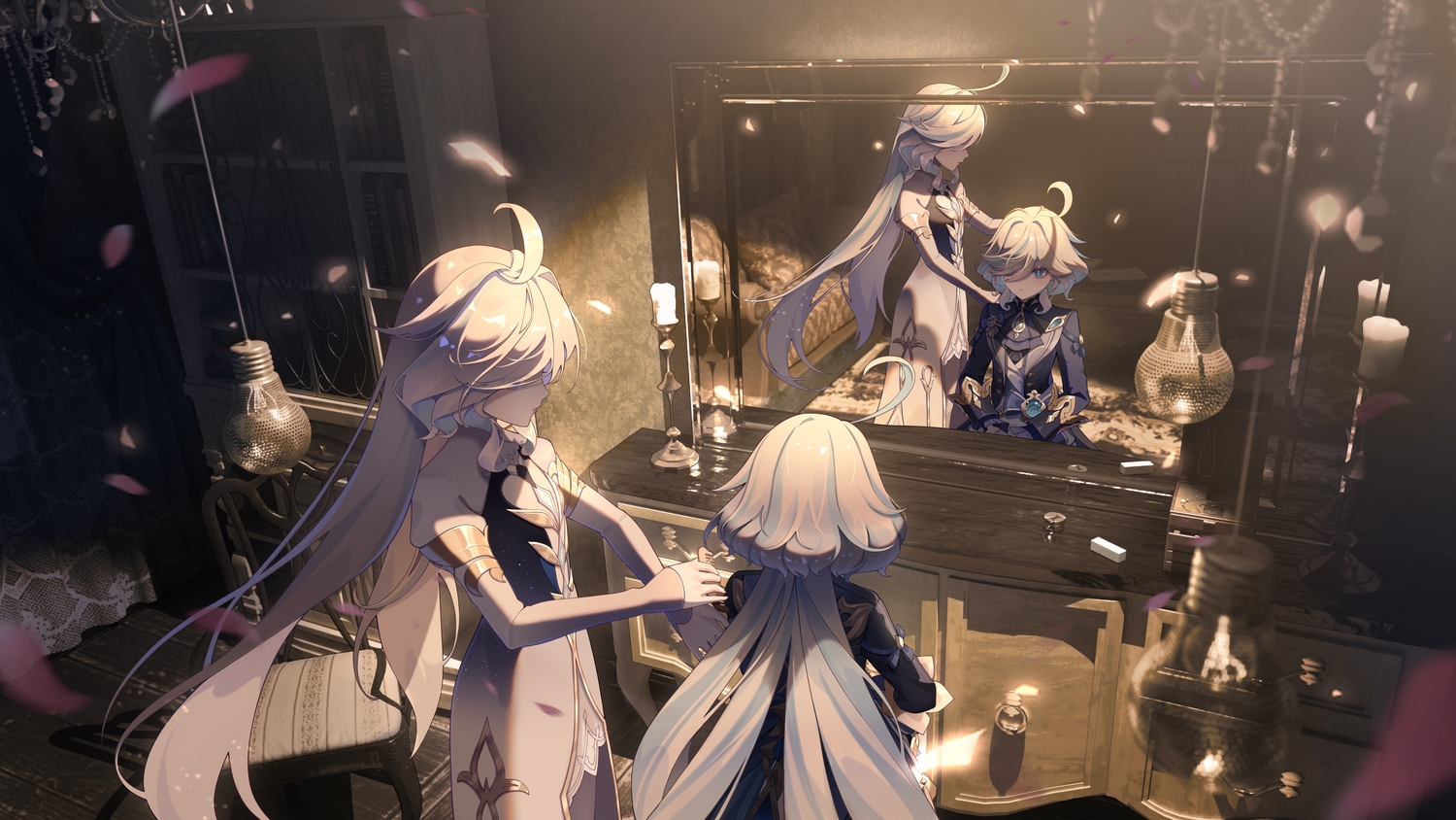 2girls, 3d, bicolored_eyes, blue_eyes, dress, flat_chest, focalors_(genshin_impact), furina_(genshin_impact), genshin_impact, long_hair, mirror, reflection, shibajun, white_hair