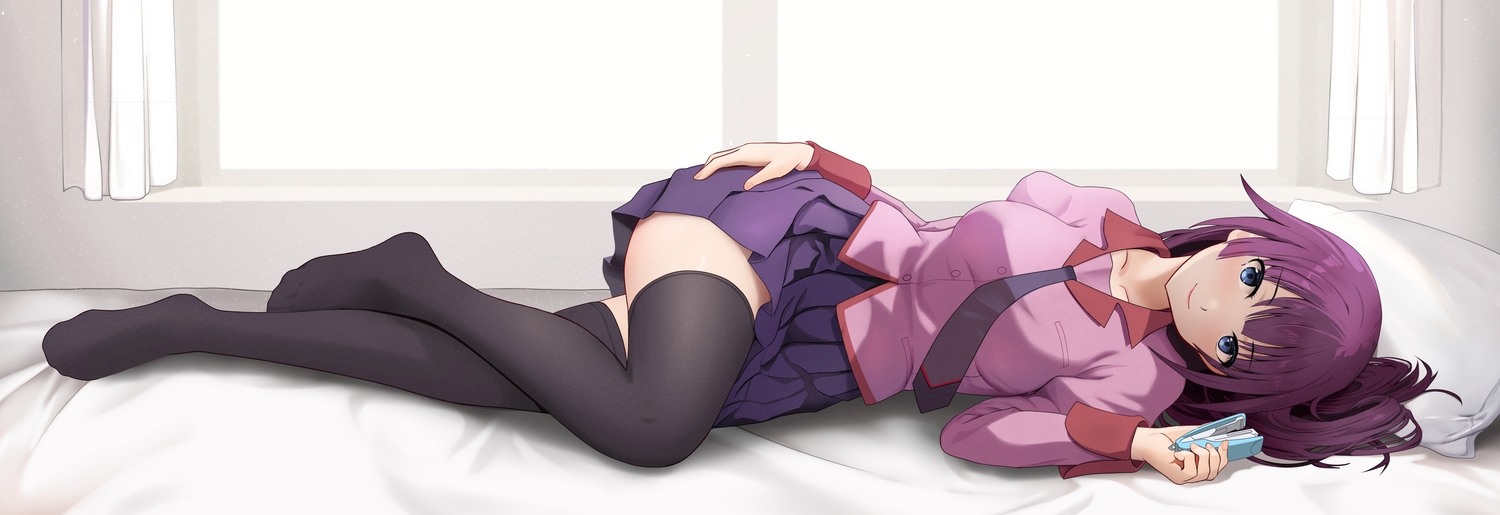 bakemonogatari, bed, blue_eyes, gibun_(sozoshu), long_hair, monogatari_(series), purple_hair, school_uniform