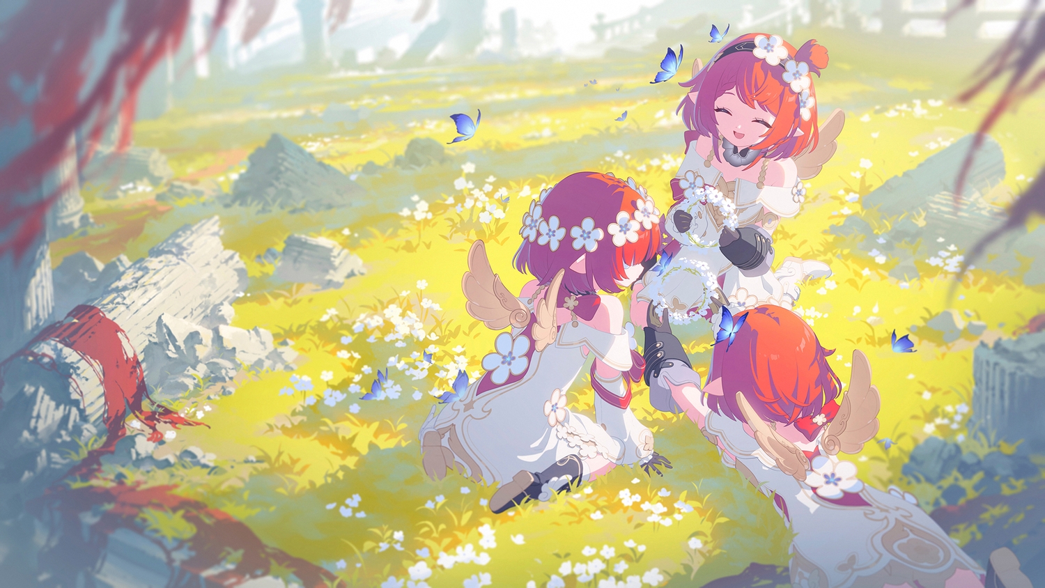 blindfold, boots, butterfly, choker, dress, flat_chest, flowers, gloves