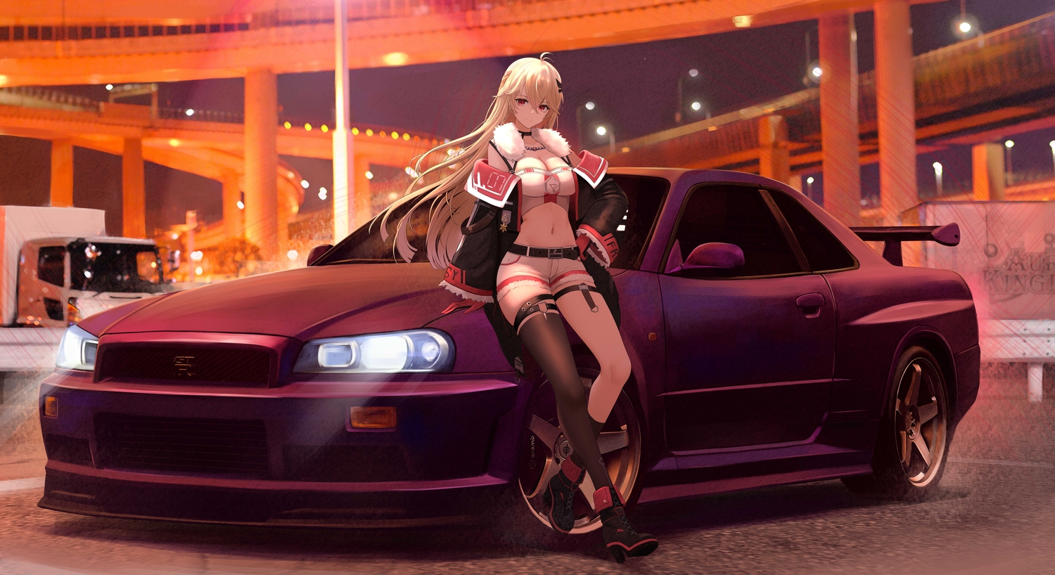 blonde_hair, boots, braids, breasts, car, choker, cleavage, garter