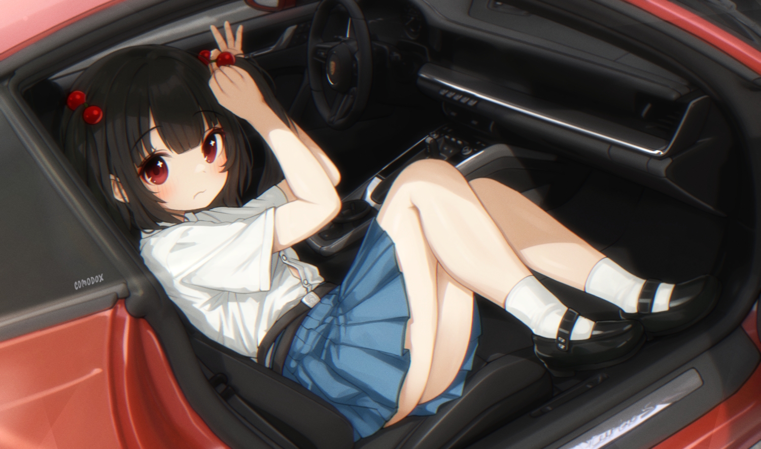black_hair, blush, car, comodox, loli, lulla_(comodox), original, red_eyes, school_uniform, shirt, short_hair, signed, skirt, socks