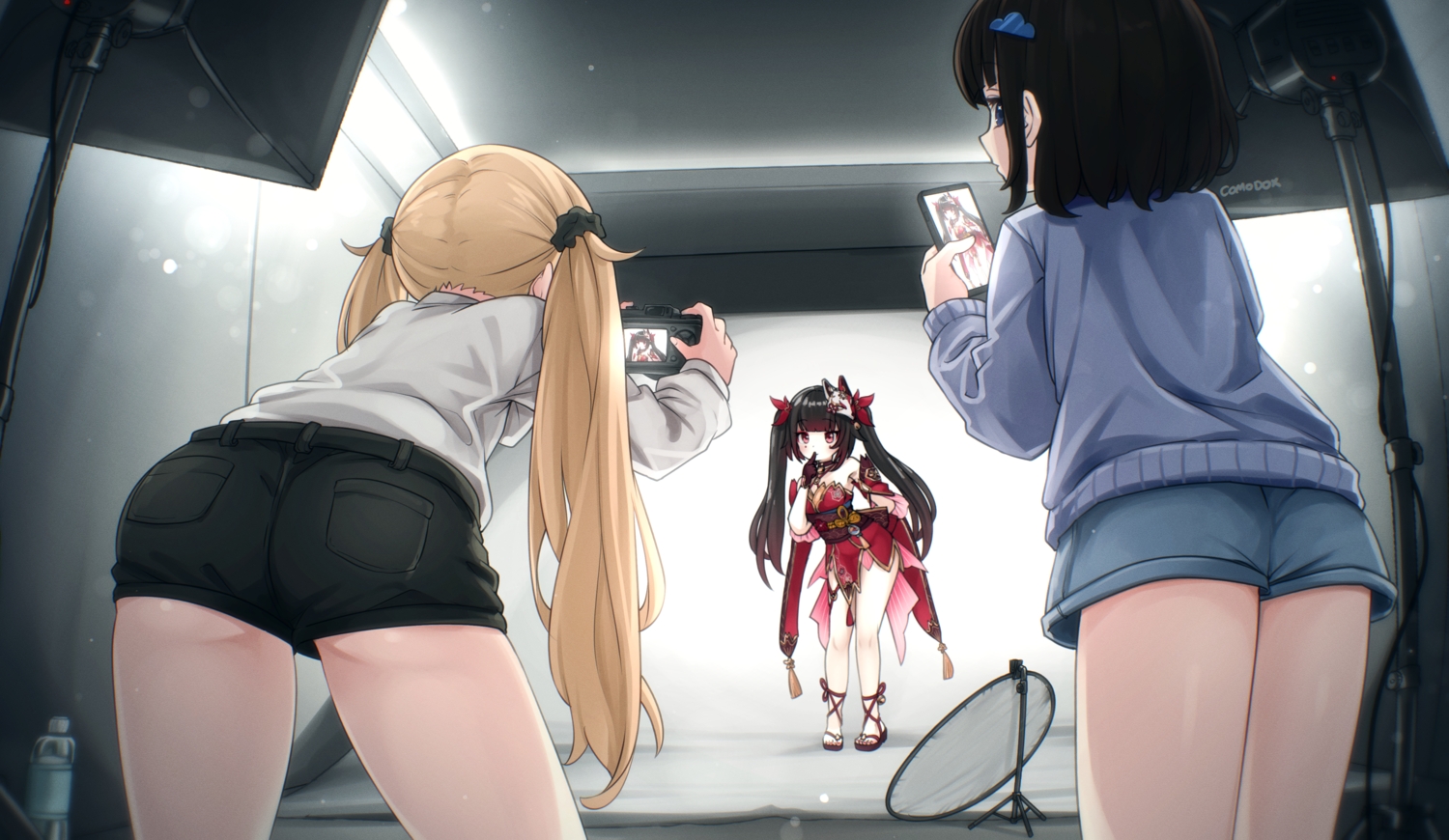 black_hair, blue_eyes, camera, comodox, cosplay, dress, faeryn_(comodox), gloves, honkai_(series), honkai:_star_rail, japanese_clothes, loli, long_hair, lulla_(comodox), mask, miu_(comodox), original, phone, pink_eyes, shirt, short_hair, shorts, signed, twintails, water