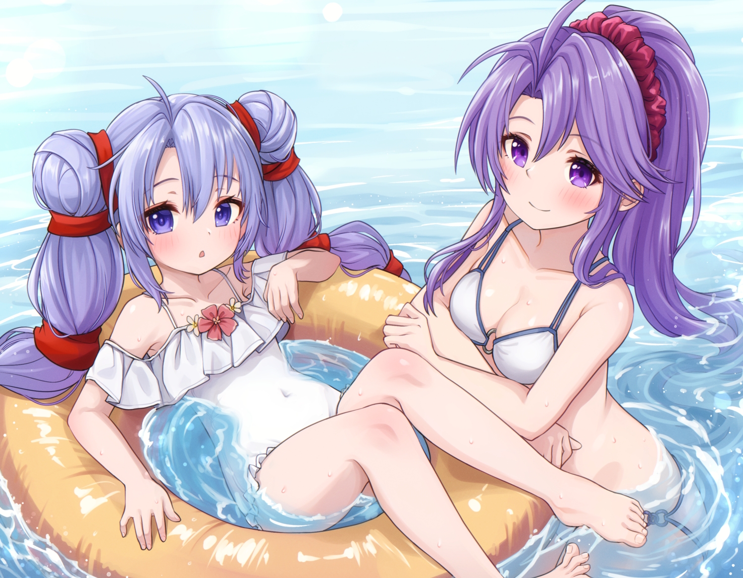 barefoot, bikini, blush, comodox, fire_emblem, loli, long_hair, ponytail, purple_eyes, purple_hair, swim_ring, swimsuit, tailtiu_(fire_emblem), tine_(fire_emblem), twintails