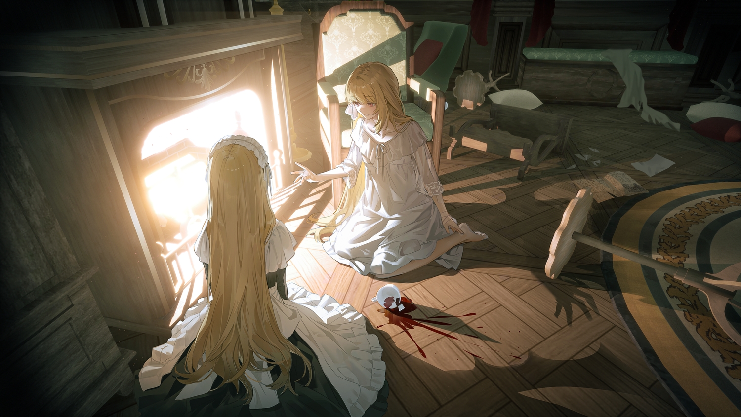 2girls, apron, barefoot, blonde_hair, bow, dark, dress, drink, headdress, lolita_fashion, long_hair, original, red_eyes, see_through, sketch, sowb, twins