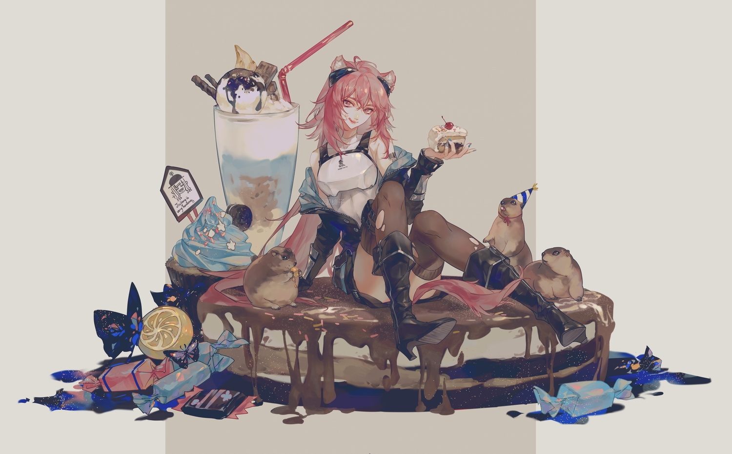 animal, animal_ears, arknights, armor, boots, breasts, cake, food, fruit, gravel_(arknights), jiujiangzi_benren, long_hair, pink_eyes, pink_hair, shirt, thighhighs, torn_clothes