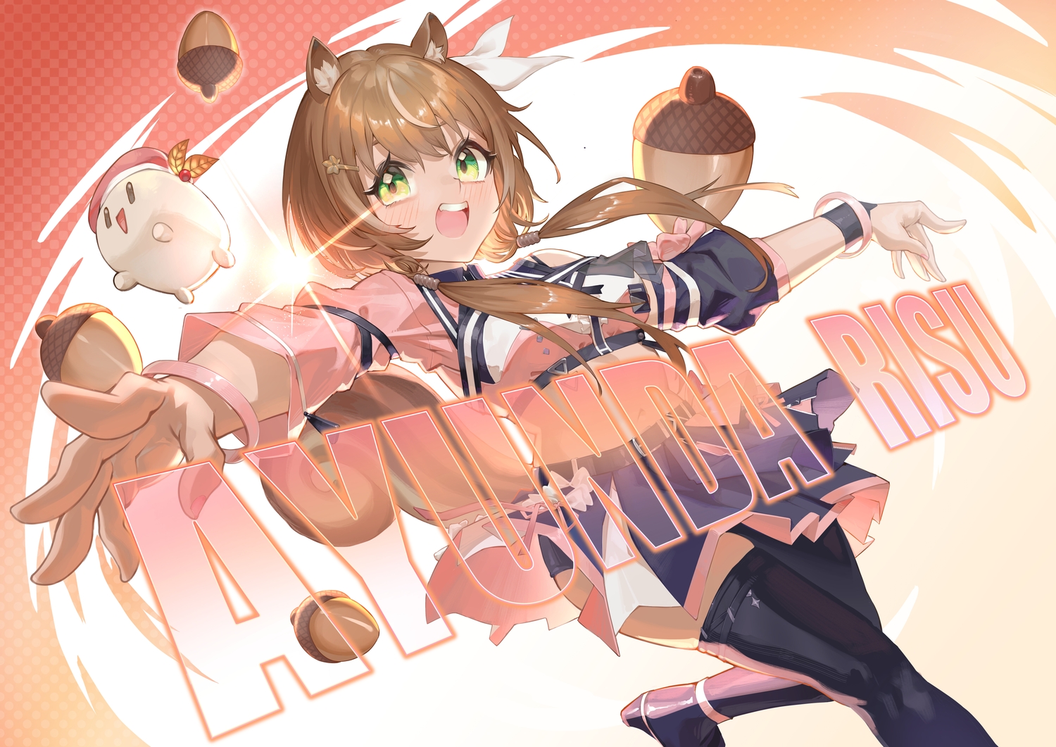 animal_ears, ayunda_risu, blush, brown_hair, fang, green_eyes, hololive, long_hair