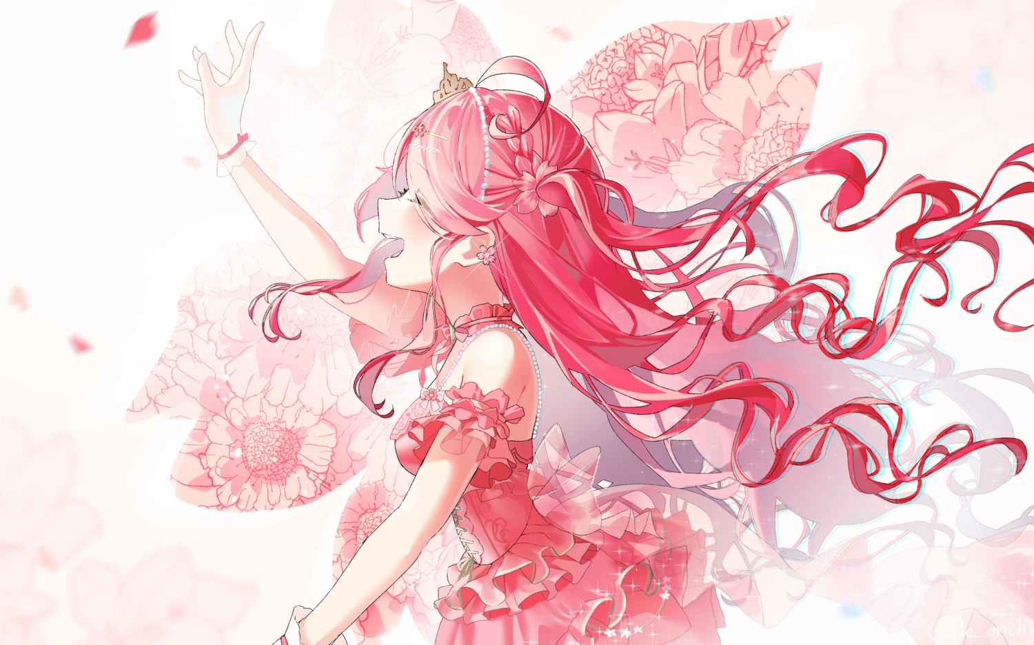 blush, bow, braids, choker, dress, flowers, gloves, hololive, long_hair, makigaihe, pink, pink_hair, sakura_miko, tiara, white