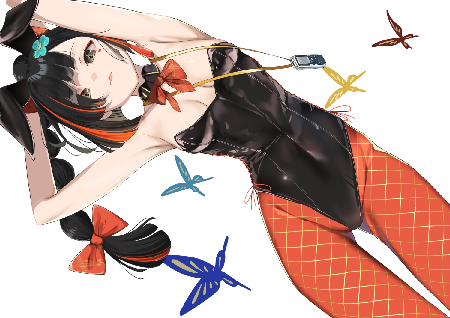 animal_ears, black_hair, bow, braids, breasts, bunny_ears, bunnygirl, butterfly, choya_hanabi, green_eyes, kairi_(miry666), long_hair, pantyhose, phone, ponytail, skintight, vspo!, white